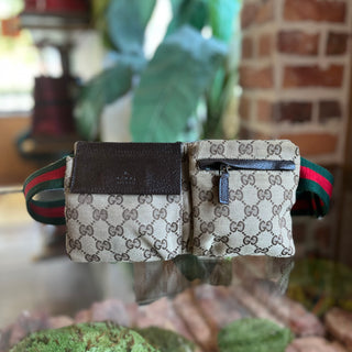 GUCCI Beige Brown GG Web Canvas Double Pocket Belt Bag