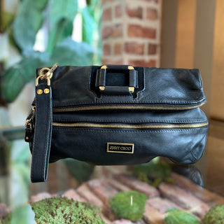 JIMMY CHOO Foldover Carry Black Mave Leather Clutch