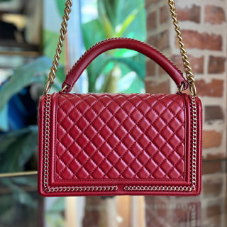 CHANEL Boy Red Quilted Calfskin Leather Top Handle Bag