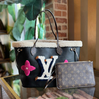 LOUIS VUITTON Neverfull MM Black Calfskin Leather Monogram Teddy Shearling Tote