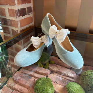 CHANEL Light Green Velvet Mary Jane Ballet Flats w/Bow SZ 39.5 (US 9.5)