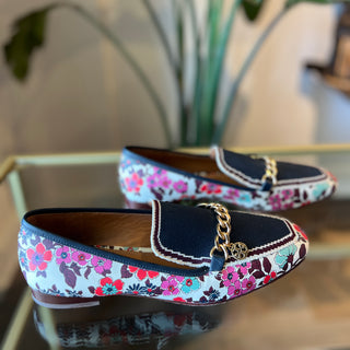 TORY BURCH Jessa Navy Tea Rose Floral Leather Loafers