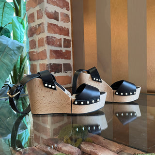 CHANEL Black Faux Pearl Wood Wedge Heels SZ 35.5