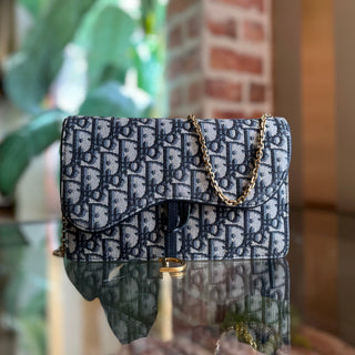 DIOR Saddle Wallet On Chain Oblique Blue Canvas Crossbody Bag