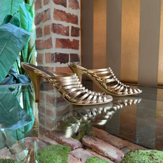 FERRAGAMO Jessa Metallic Gold Leather Caged Heels SZ 6