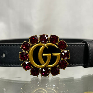 GUCCI Black Leather Crystal Double G Marmont Belt SZ80/32(4US)