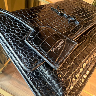 SAINT LAURENT Medium Monogram Sunset Black Crocodile Embossed Calfskin Shoulder Bag