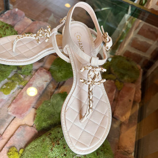 CHANEL Quilted CC Beige Lambskin Leather Sandals SZ 35 (US 5)