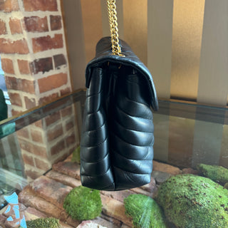 SAINT LAURENT Black Leather Chevron LouLou Shoulder Bag Gold HW Medium