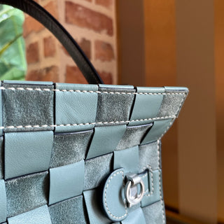 TORY BURCH Lee Radziwill Blue Double Woven Leather Tote