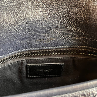 SAINT LAURENT Niki Medium Blue Crinkled Leather Monogram Shoulder Bag