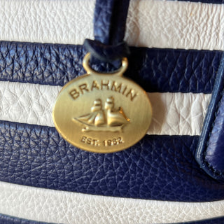 BRAHMIN Shoulder Bag Navy Blue Striped Leather Shoulder Bag