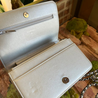 CHANEL Boy Silver Caviar Leather Wallet on Chain Bag