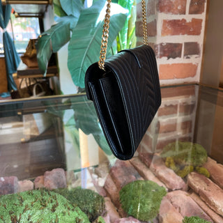 SAINT LAURENT Envelope Wallet On Chain Black Triquilt Grain De Poudre Leather Crossbody