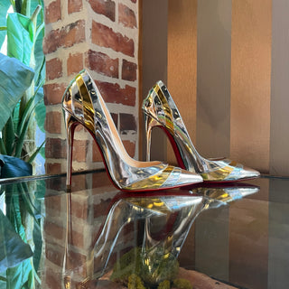 LOUBOUTIN Eklectica 85 Silver/Gold Patent Leather Pumps SZ 38.5 (US 8.5)