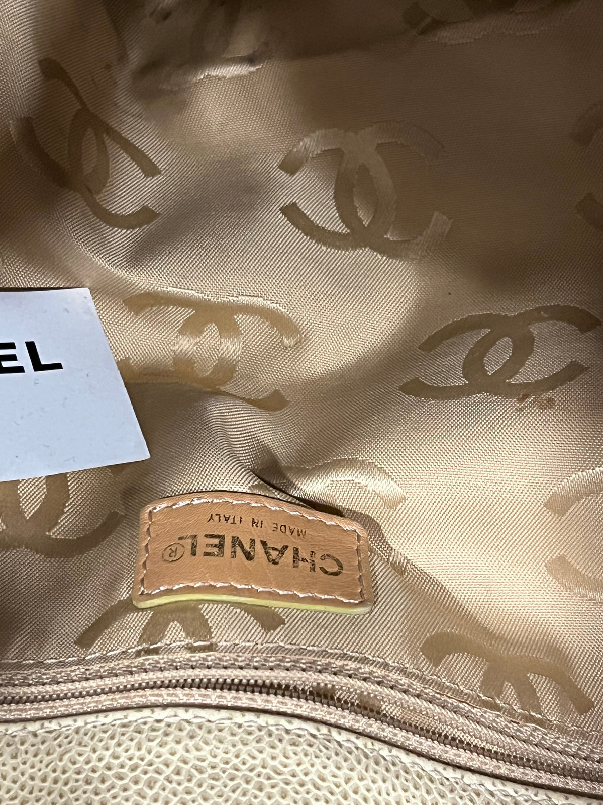 CHANEL Beige Caviar Leather CC Drawstring Large Tote Bag