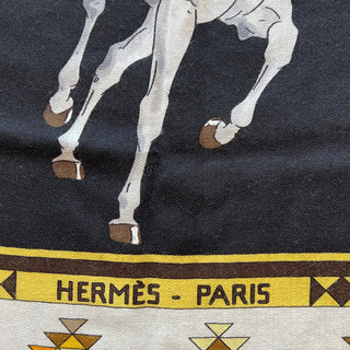 HERMES 140 Black Cashmere Silk Les Chevaux Qataris Shawl