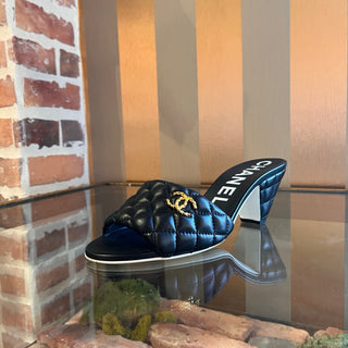 CHANEL CC Black Quilted Lambskin Mule Sandals SZ 39.5 (US 9.5)