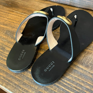 GUCCI Black Calfskin GG Marmont Thong Sandals SZ40.5(10.5US)