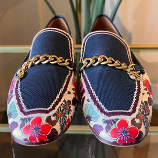 TORY BURCH Jessa Navy Tea Rose Floral Leather Loafers
