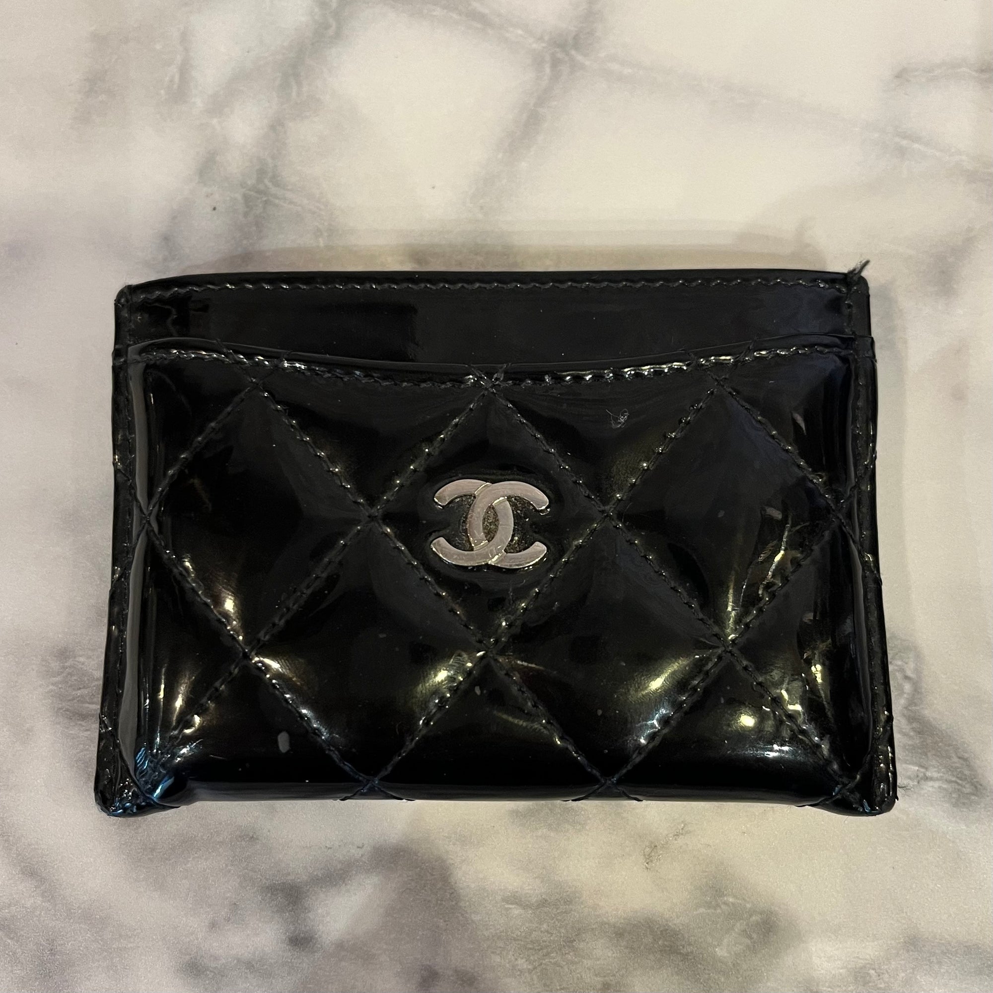 CHANEL Patent Card Wallet Black