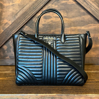PRADA Diagramme Black Soft Calfskin Leather Impunture Tote