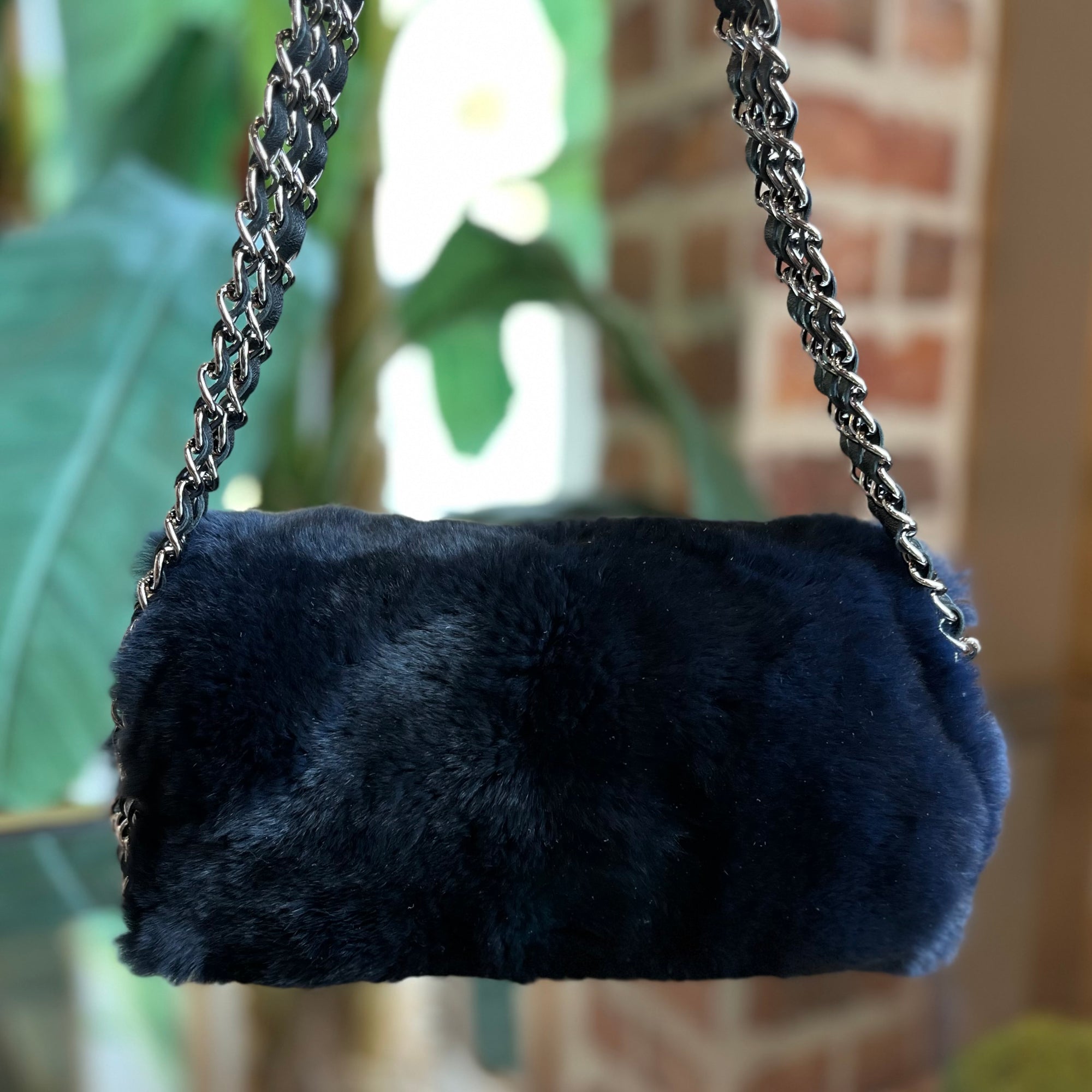 CHANEL Black Orylag Rabbit Fur Chain Flap Bag TS3040