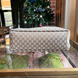 GUCCI Positano Small Beige Brown GG Canvas Leather Tote Bag