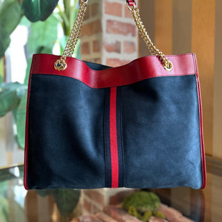 GUCCI Rajah Large Yankee Navy Blue Suede Sports Tote Bag