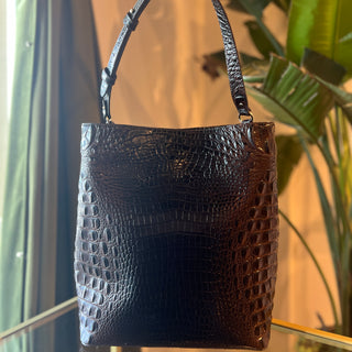 BRAHMIN Amelia Bucket Dark Brown Melbourne Croc Embossed Leather Bucket Bag