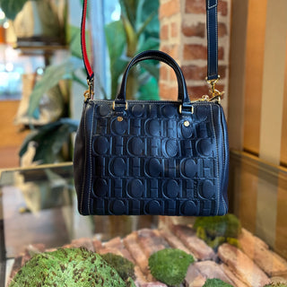 CAROLINA HERRERA Boston Navy Blue Embossed Leather Satchel Bag