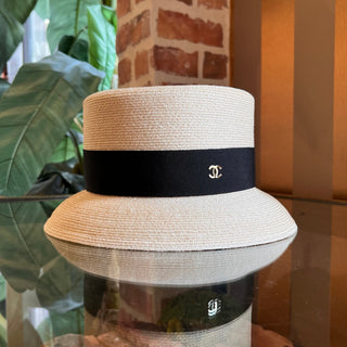 CHANEL Straw Grosgrain Ribbon CC Logo Fedora Hat SZM