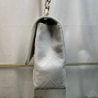 CHANEL Jumbo Classic Single Flap White Pearl Glitter Patent Leather Shoulder Bag ADI1120