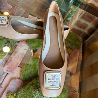 TORY BURCH Georgia Almond Flour Double T Leather Flats SZ 8