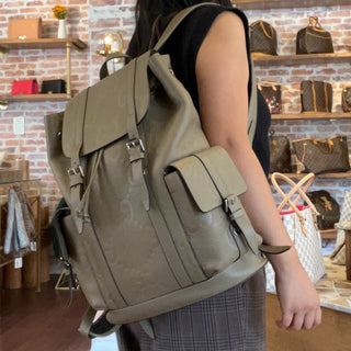 GUCCI Piuma Taupe Jumbo GG Embossed Calfskin Leather Double Buckle Backpack