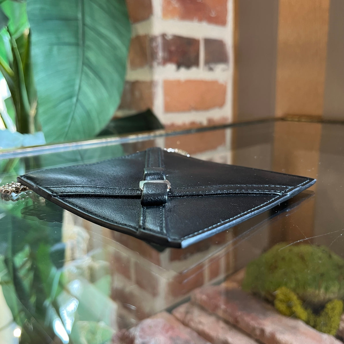 SALVATORE FERRAGAMO Black Leather Mini Chain Pouch Wallet