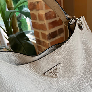 PRADA White Daino Leather Hobo Bag