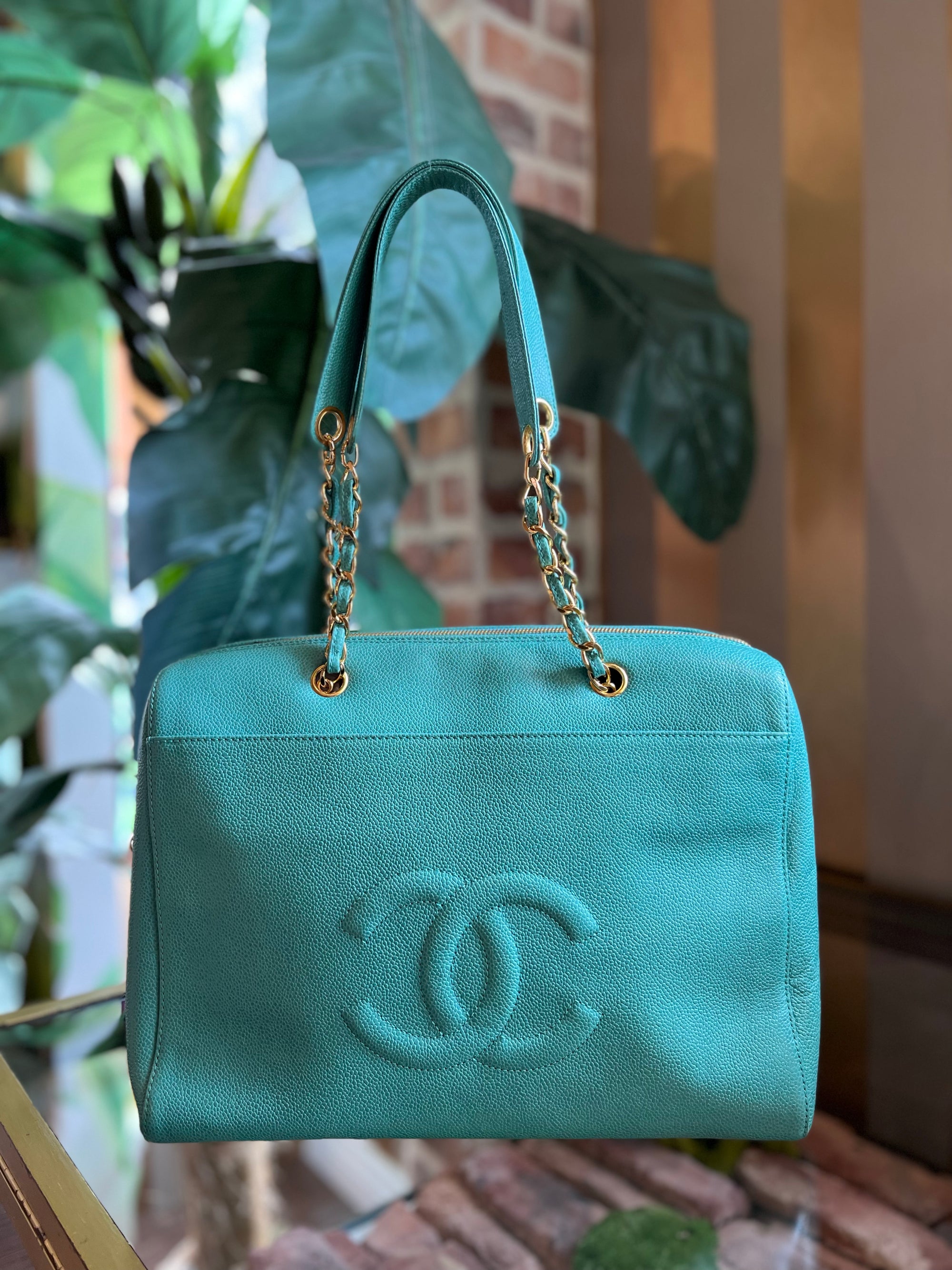 CHANEL Teal Caviar Leather Timeless Medium Zip Tote