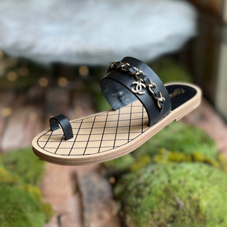 CHANEL Black Leather Chain Thong Sandals SZ36.5(6.5)