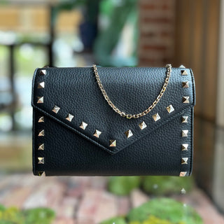 VALENTINO Rockstud Black Calfskin Leather Wallet On Chain