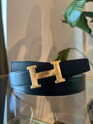 HERMES H Martelee Grey Black Reversible Mens Belt  SZ100(14/36US)