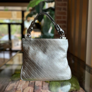 GUCCI Diagonal Blondie Metallic Silver Leather Tote Bag