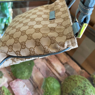 GUCCI Small Beige Blue GG Canvas Web Strap Zip Messenger Crossbody Bag