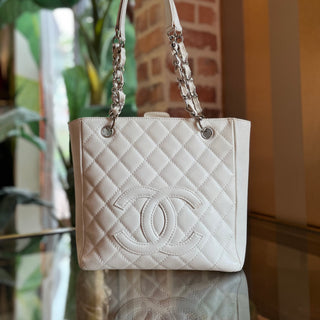 CHANEL Petit Shopping Tote PST White Caviar Quilted Tote