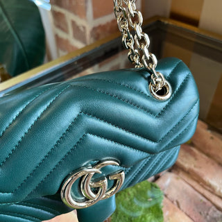 GUCCI GG Marmont Small Green Matelassé Chevron Nappa Leather Shoulder Bag