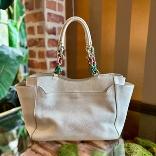 FERRAGAMO White Leather Chain Tote