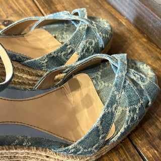 GUCCI Light Blue GG Denim Open Toe Espadrille Wedges SZ40.5(10.5US)