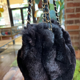 CHANEL Chocolate Brown Rabbit Fur Drawstring Shoulder Bag