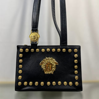 GIANNI VERSACE Tribute Black Leather Medusa Head Vintage Tote Bag