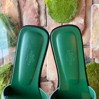 HERMES Oran Blue Suede Bicolor Bleu Minéral Sandals SZ39.5(9.5US)